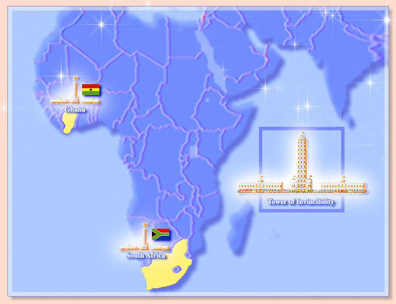 Map of Africa showing Towers of Invincibility and the flags of the invincible nations